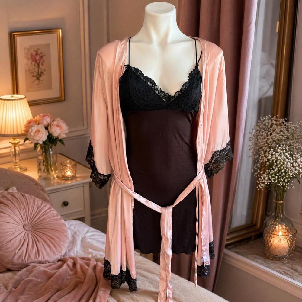 Pink Robe with Black Lace Trim and Black Chemise 2 Piece Set Sz S